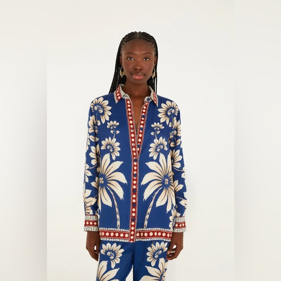 FARM Rio Tops - FARM RIO Blue Luna Collared Lenzing Ecovero Viscose Pajama Shirt